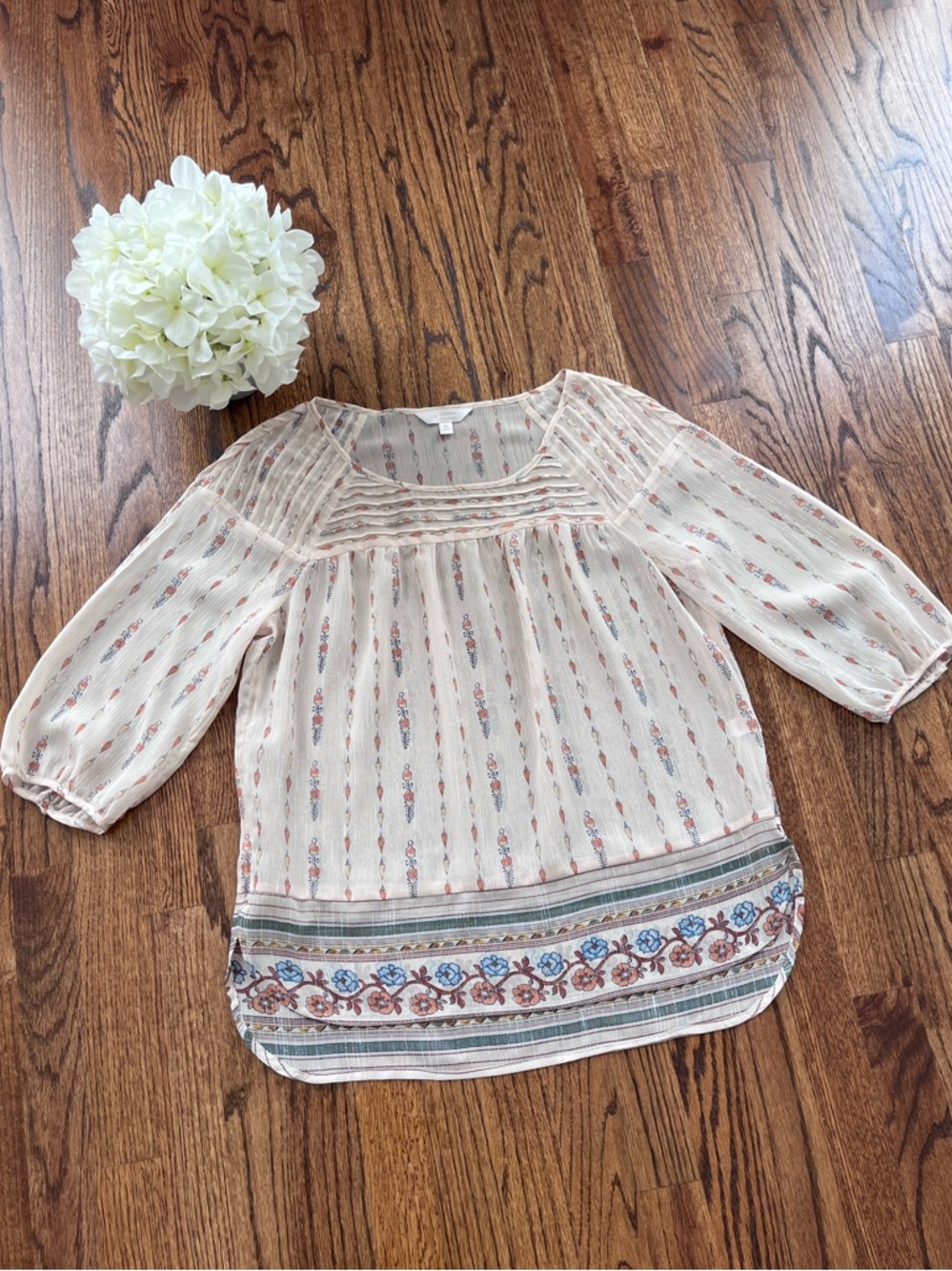 Lauren Conrad Sheer Floral Boho Cream Blouse 3/4 Sleeve Size M